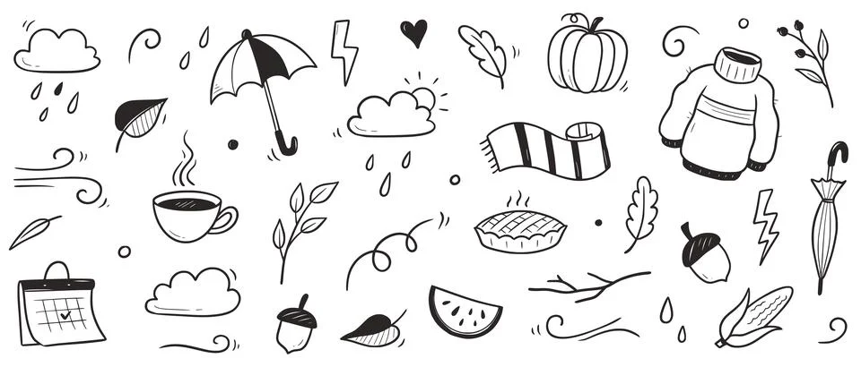 Autumn doodle vector set. Hand drawn doodle sketch style nature fall season Stock Illustration