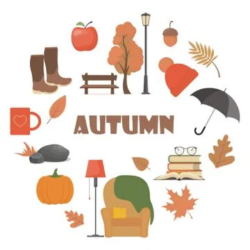 Autumn element set. Vector autumn attributes: pumpkin, apple, boots, umbrella Stock Illustration