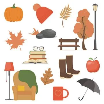 Autumn element set. Vector autumn attributes: pumpkin, apple, boots, umbrella Stock Illustration