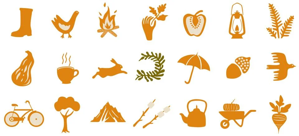 Autumn Elements Collection Rain Boots, Pumpkins, Forest Animals and Cozy Cam Stock Illustration