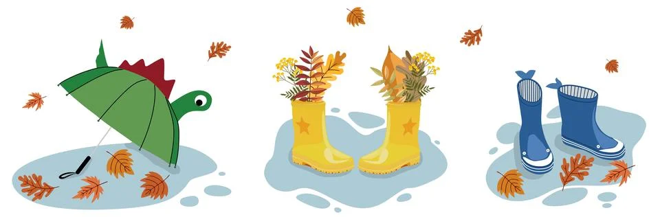 Autumn Elements Collection. Set with Umbrella, Rain Boots, Puddles and Fall Stock Illustration