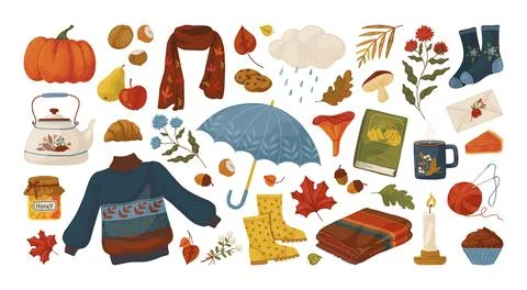 Autumn elements. Cozy fall clothes, season leaves, knit scarf and sweater, cute Stock Illustration
