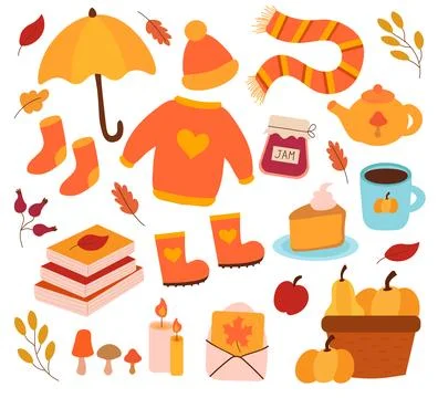 Autumn elements. Cozy sweater, hat, scarf and socks, umbrella. Pumpkin pie. Stock Illustration