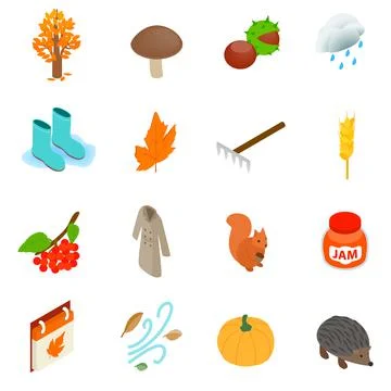 Autumn elements icons set, isometric 3d style 스톡 일러스트