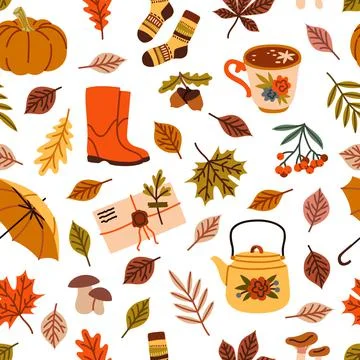 Autumn elements seamless pattern. Cartoon yellow leaves, warm accessories, cozy Stockillustratie
