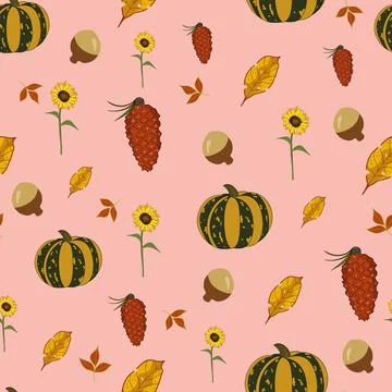 Autumn elements seamless vector pattern design on pink background 스톡 일러스트