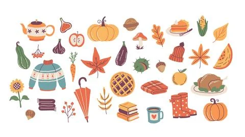 Autumn elements set, cute hand drawn seasonal objects. Vector illustration in 스톡 일러스트