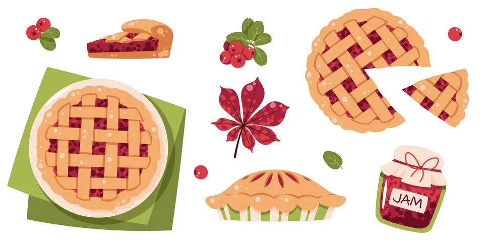 Autumn Elements Set. Flat Illustration with Berry Pie, Jam Jar, Lingonberries Stock Illustration