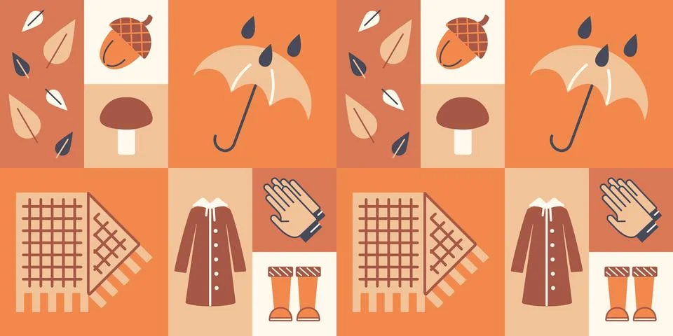 Autumn elements Square pattern. Falling Leaves, acorn, mushroom. Rain, umbrella 스톡 일러스트