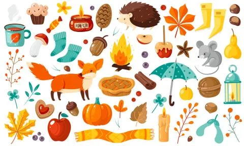 Autumn elements. Yellow falling leaves, plants and food, harvest festival and 스톡 일러스트