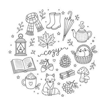 Autumn Embroidery Pattern Cozy Fall Round Hoop Cottagecore Seasonal DIY Design Stockillustratie