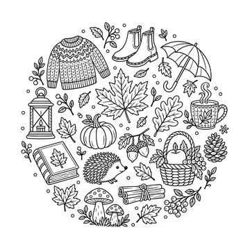 Autumn Embroidery Pattern, Cozy Fall Motifs, Hedgehog Pumpkin Hand Embroide.. Stock Illustration