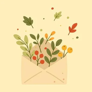 Autumn Envelope with Leaves, Branches and Berries in Warm Cozy Style Stock Illustration
