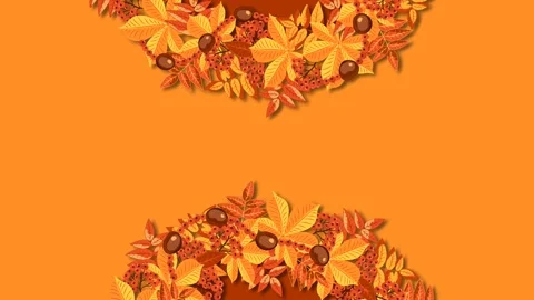 Autumn Equinox Orange Background with Fall Leaves and Acorns Border Loop Stock Footage 343878951