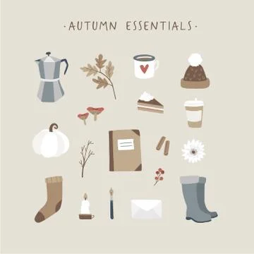 Autumn essentials. Set of cute hand drawn fall food, drink, fashion and Ilustração Stock
