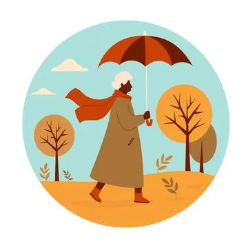 Autumn Ethnic Elderly gray -haired woman walking with umbrella in fall park.. Stock Illustration