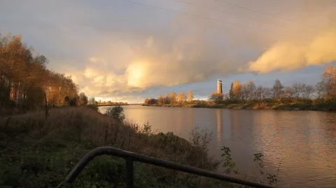 Autumn evening on the river Video stock 48900745