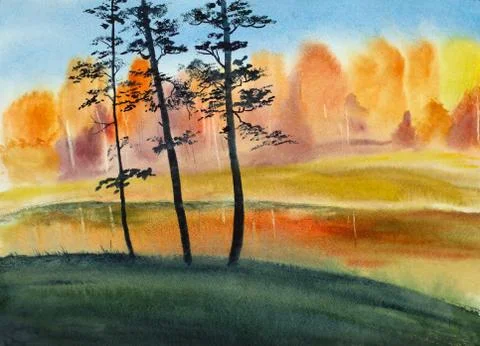Autumn evening by the river Stock Illustration