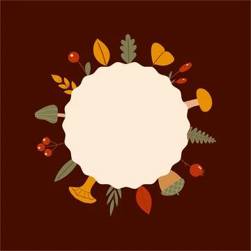 Autumn Fall Circle Wreath Frame Seasonal Leaves Berries Acorns Mushrooms Dark Stock Illustration