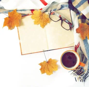 Autumn fall composition. cup of coffee, a warm scarf, glasses, a book  mock up a 스톡 사진