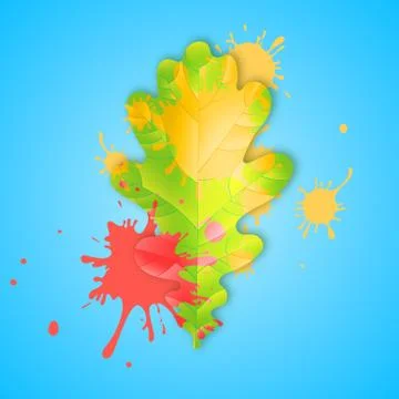 Autumn fall concept. Bright orange and red watercolor painted autumn oak leaf Stock Illustration