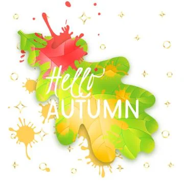 Autumn fall concept. Bright orange and red watercolor painted autumn oak leaf Stock Illustration