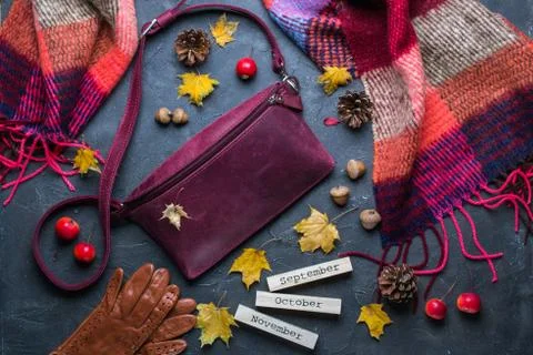 Autumn, fall concept. Flat lay, top view. Autumn frame with accessories, Stock-Fotos