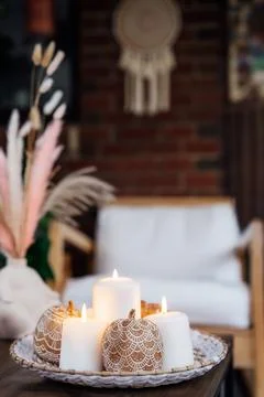 Autumn fall cozy mood composition with natural decor for hygge home. Clay Stock Photos