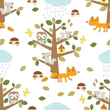 Autumn. Fall. Cute vector seamless pattern with forest animals. Squirrel, owl, b Illustrazione stock