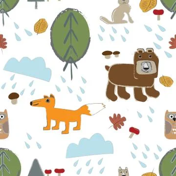 Autumn. Fall. Cute vector seamless pattern with forest animals. Illustrazione stock