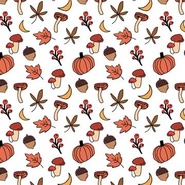 Autumn fall harvest pattern with pumpkins,leaves mushrooms and acorns Illustrazione stock