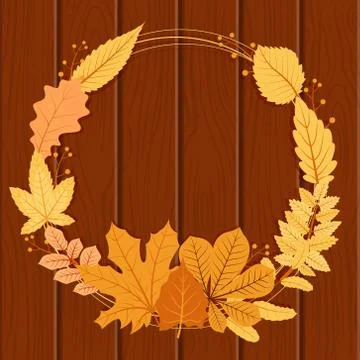 Autumn Fall Leaf Greeting Invitation Circle Frame Wood Background Bouquet Stockillustratie