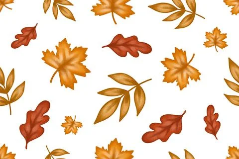 Autumn fall leaves, seamless pattern background with orange maple and oak leaf Illustrazione stock
