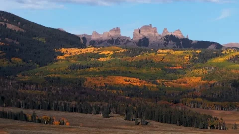 Autumn fall Mill Castle Mountain aerial drone Colorado morning sunrise clear Stock Footage 323335108