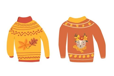 Autumn fall sweaters with leaves set, hand drawn vector Stock Illustration