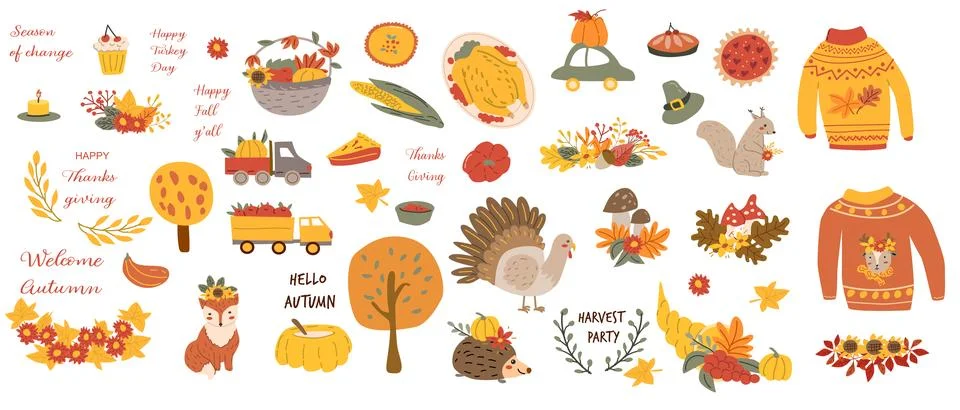 Autumn fall thanksgiving elements set with harvest icons Stockillustratie