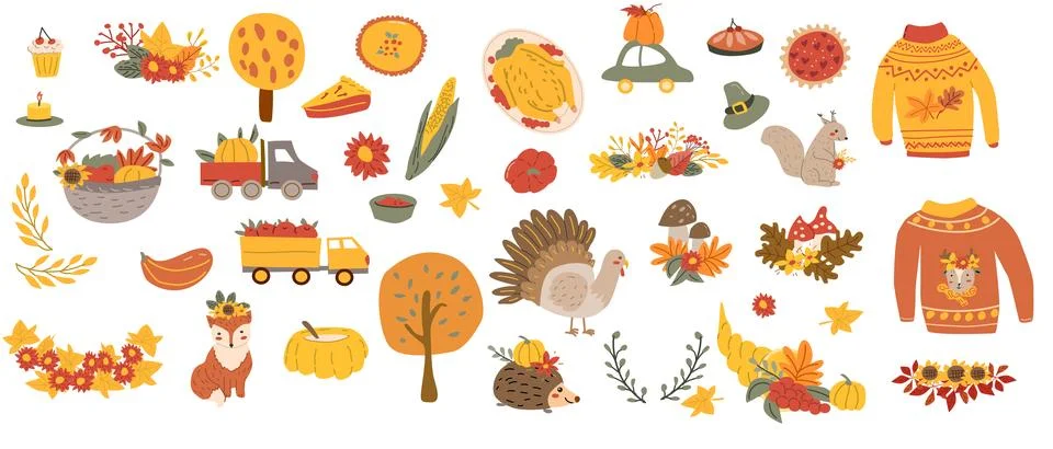 Autumn fall thanksgiving elements set with harvest icons 库存插图