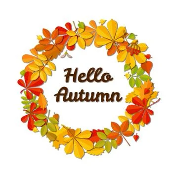 Autumn falling leaf wreath and text Hello Autumn isolated on white background. Stock Illustration