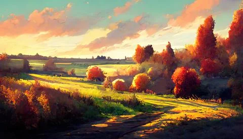 Autumn fields, leaves falling to the ground from trees, sunset Stock Illustration