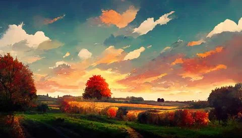 Autumn fields, leaves falling to the ground from trees, sunset Stock Illustration