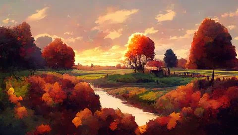 Autumn fields, leaves falling to the ground from trees, sunset 스톡 일러스트