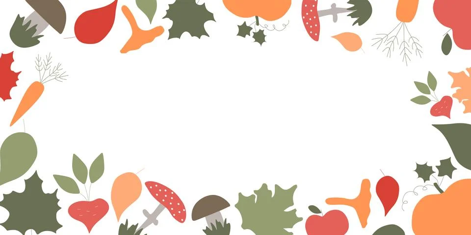 Autumn Flat and Linear frame with mushrooms, harvest and Fall. Stock Illustration