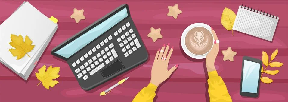 Autumn flat lay background with workplace in a cafe. Stock Illustration