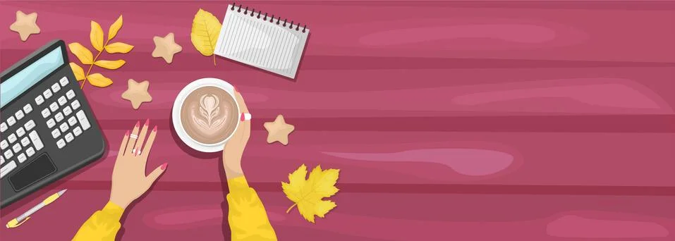 Autumn flat lay background with workplace in a cafe. 스톡 일러스트