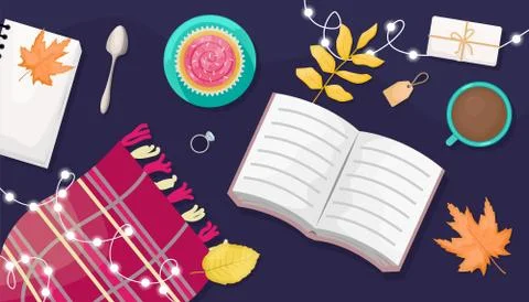 Autumn flat lay with the book, lights, wool scarf, coffee and autumn leaves. 스톡 일러스트