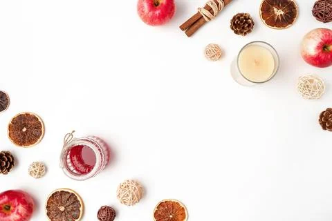 Autumn flat lay composition of apples, fall foods and decor on white background Foto stock