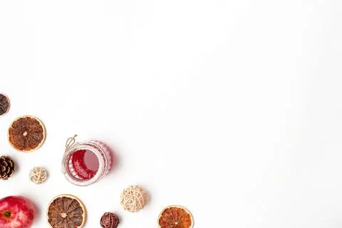 Autumn flat lay composition of apples, fall foods and decor on white background Stock Photos