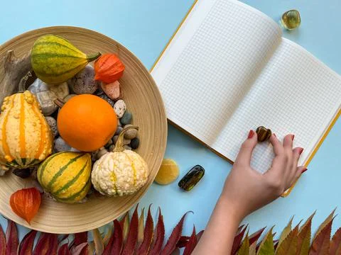 Autumn flat lay composition with decorative pumpkins and leaves Stock Photos