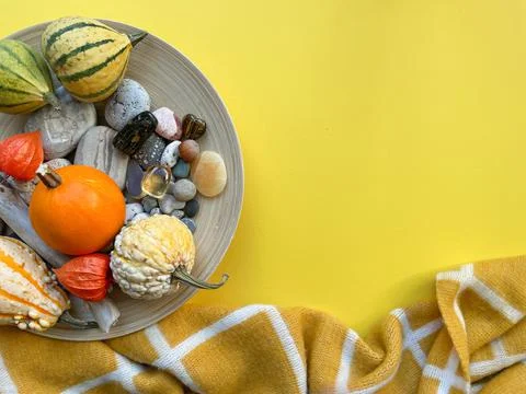 Autumn flat lay composition with decorative pumpkins Stock-Fotos