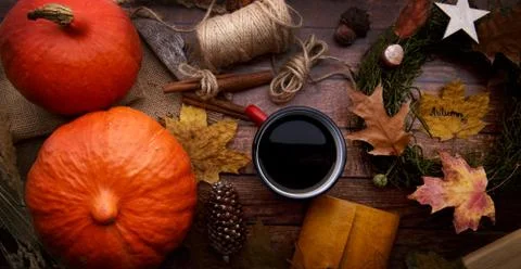 Autumn Flat lay composition with pumpkins on wooden background Stock Photos